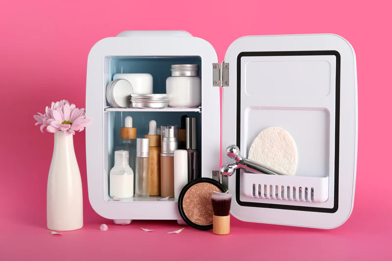 Various skin care products in the refrigerator on a pink background